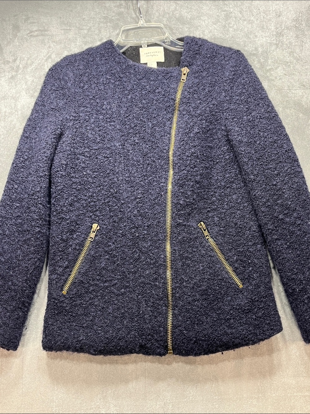 Forever 21 Navy Boucle Moto Jacket Gold Zippers Women's Small